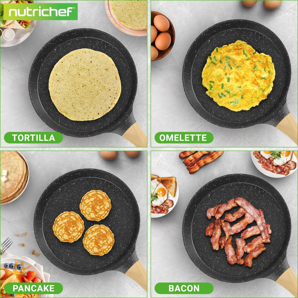 Nutrichef 2-Pack Non-Stick Crepe Pan Set – 11” Marble Coated Dosa Pans with Wooden Spreaders, Bakelite and Wood Handles, Induction-Compatible, Easy-to-Clean, Stain-Resistant (Black Marble)