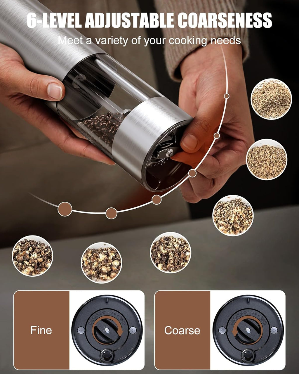 GiveBest Electric Salt and Pepper Grinder Set with Easy-to-Carry Charging Base and LED Light, Automatic Salt and Pepper Grinder Set, Adjustable Coarseness, USB Rechargeable, Washable Container