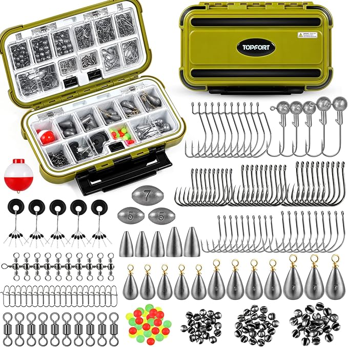 TOPFORT 187/343pcs Fishing Accessories Kit, Organized Fishing Tackle Box with Tackle Included, Fishing Hooks, Fishing Weights Sinkers, Fishing Gear and Equipment, Fishing Gift for Men