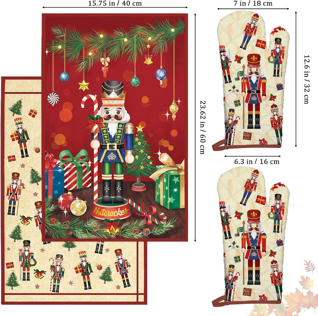 Christmas Nutcracker Kitchen Towels and Oven Mitts Set 4Pcs, Soft Absorbent Dish Cloth Heat Resistant Oven Gloves for Cooking Baking Kitchen Decoration, Gifts for Her