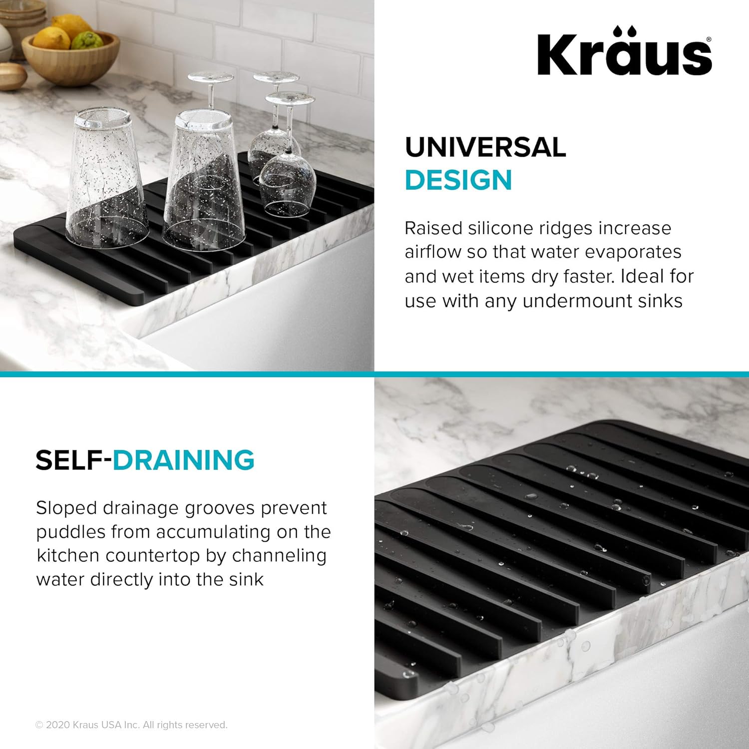 Kraus Self-Draining Silicone Dish Drying Mat or Trivet for Kitchen Counter in Black, KDM-10BL