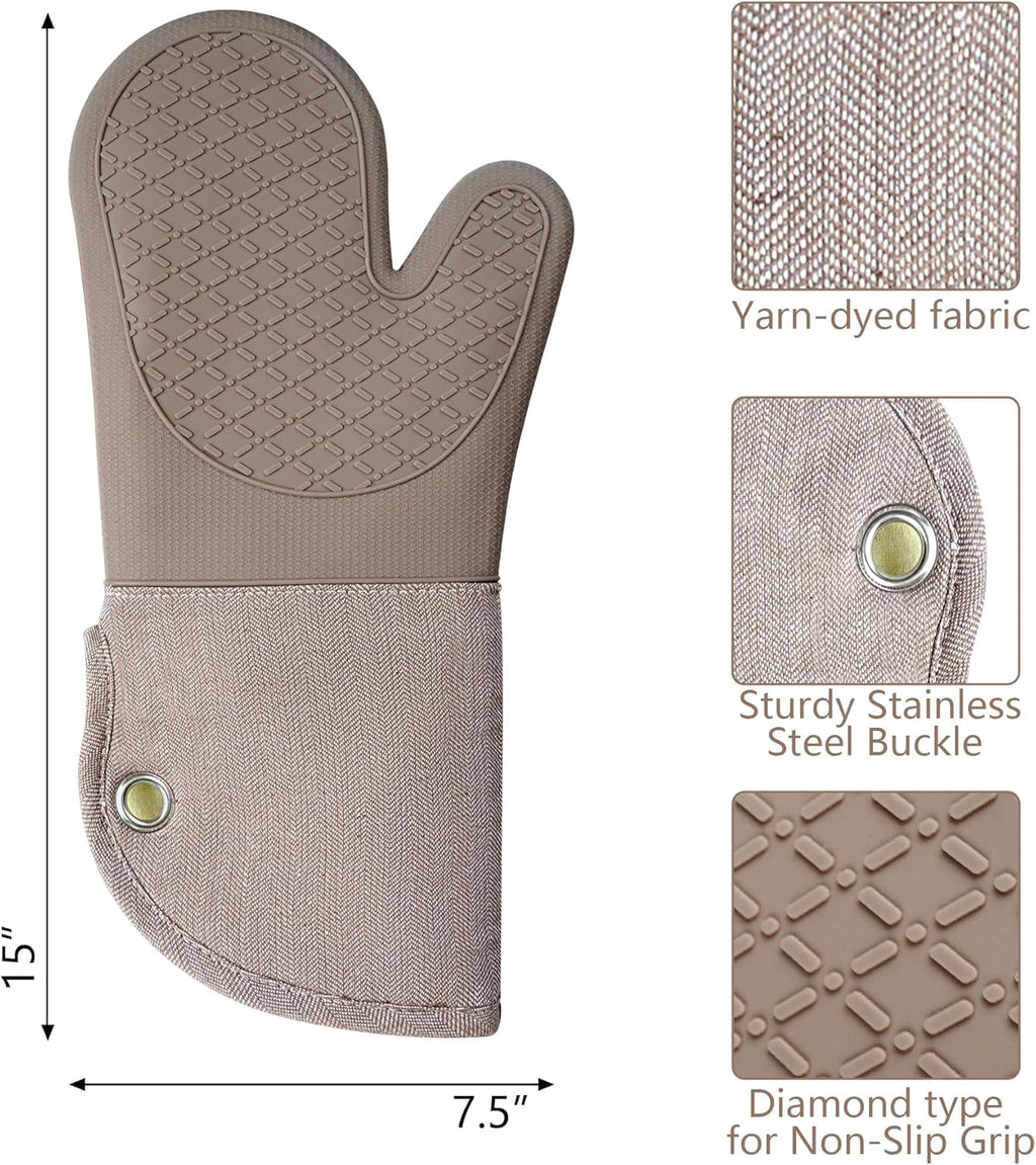 Professional Microwave Silicone Oven Mitts one Pair, Kitchen Mitten Set for Heat Resistant with 500 Degrees, Kitchen Gloves Pot Holder for BBQ Cooking Baking (Khaki)