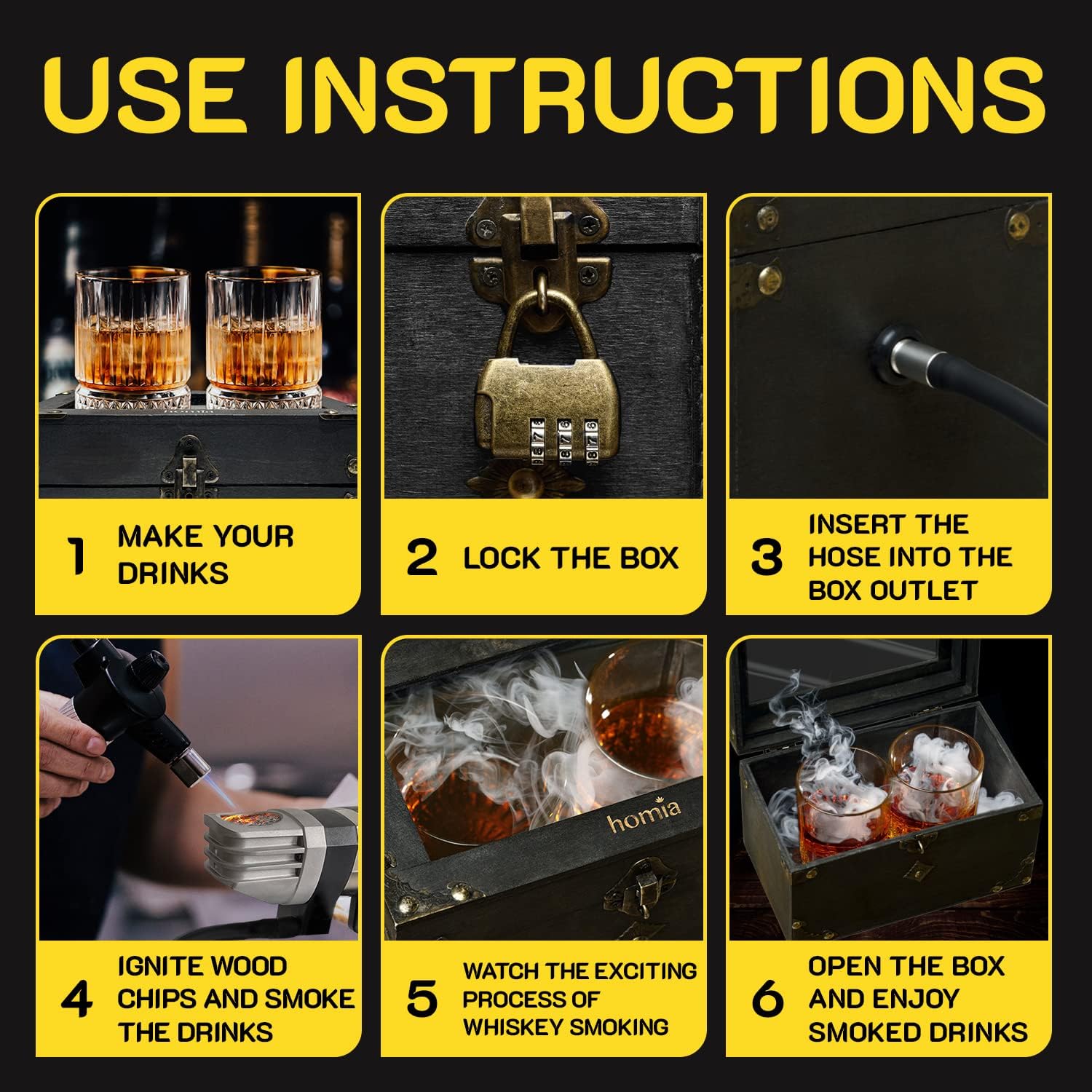 Cocktail Smoker Kit - Whiskey Smoker Kit - Smoke Infuser Birner PRO - Smoking Box, 12 PCS, with Accessories and Wood Chips - Cold Smoke for Food and Drinks, Black - Gift for Men