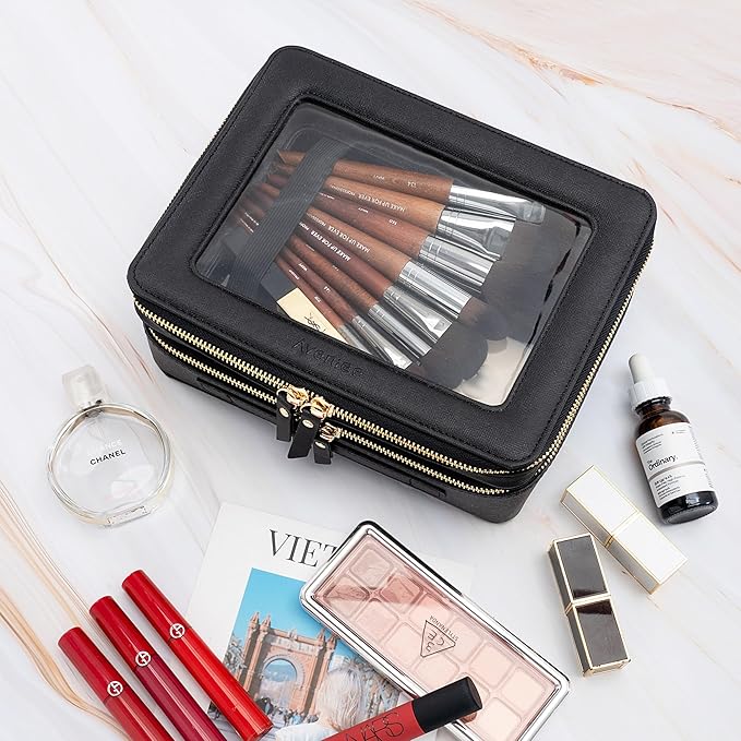 Aveniee Clear Makeup Bags, Double Layer Cosmetic Bags with a Separate Brush Compartment, Travel Toiletry Bag Train Case for Women, Travel Accessories Organizer for Purse(2 Layers Large, Black)