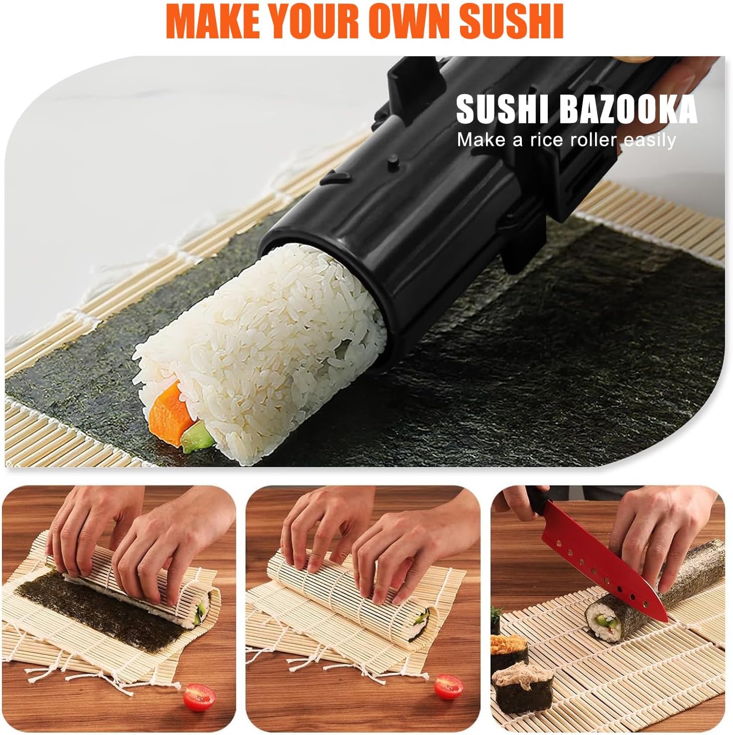 Sushi Making Kit, Sushi Roller, Sushi Bazooka, Sushi Maker, Bamboo Sushi Rolling Mat for Beginners (Black)