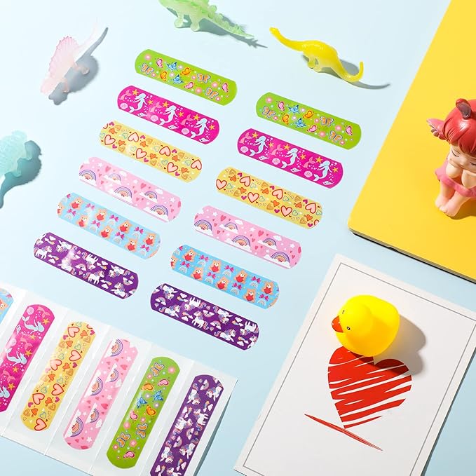 420 Pieces 6 Styles Cute Cartoon Bandages Knuckle Repair Tape Colorful First Aid Kit for Kids PE Fabric Adhesive Waterproof Breathable Bandages for Children Travel Cuts Scrapes Wounds (Cute)