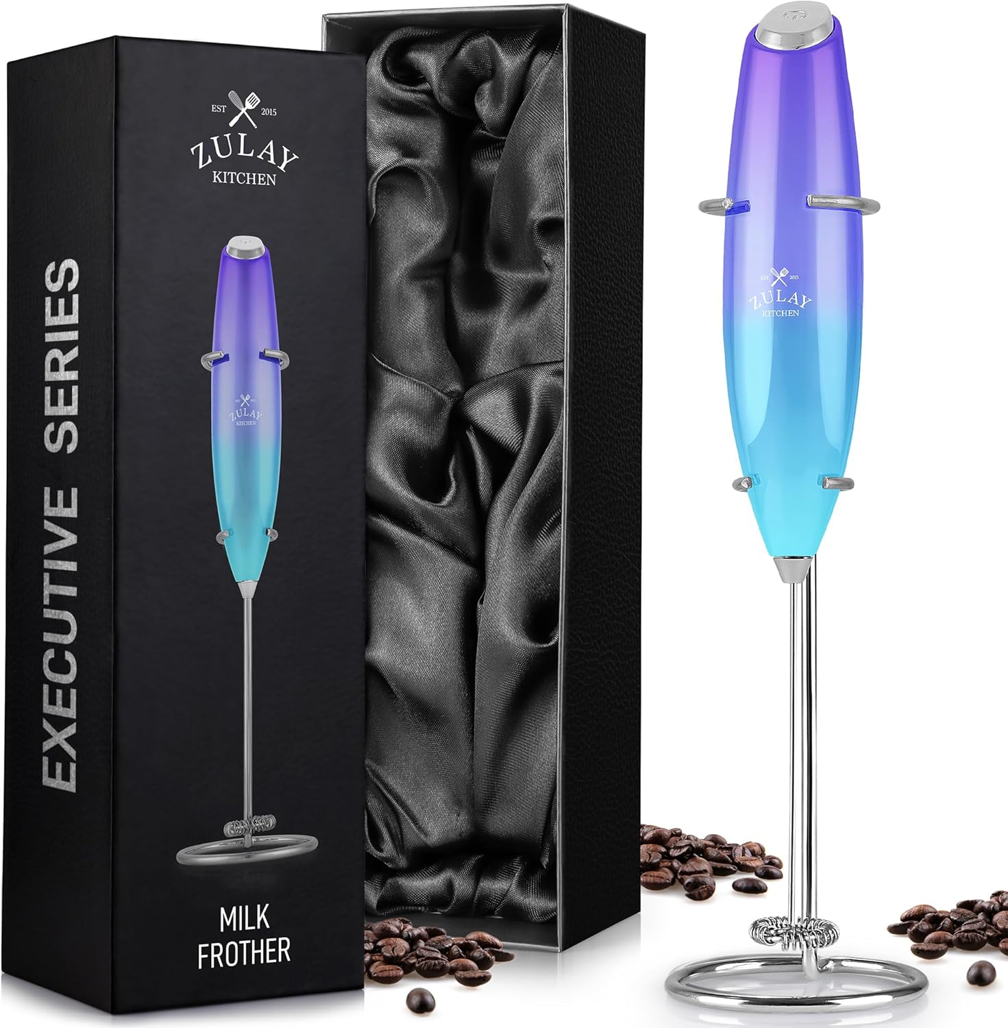 Zulay Executive Series Ultra Premium Gift Milk Frother - Coffee Frother Handheld Foam Maker For Lattes - Electric Milk Frother Handheld For Coffee - Purple Teal Fade w Silver OG Stand