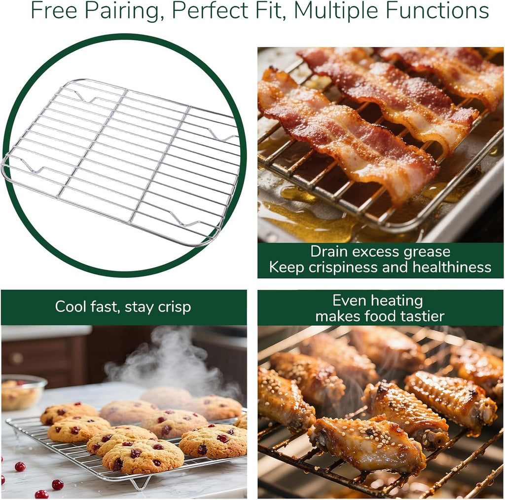 18/0 Stainless Steel Baking Sheet with Cooling Rack, 12.4 Inch Oven-Safe Non-Toxic Cookie Sheets for Baking, Coating Free & Rust Resistant for Healthy Family Baking, Easy to Clean, Heavy Duty
