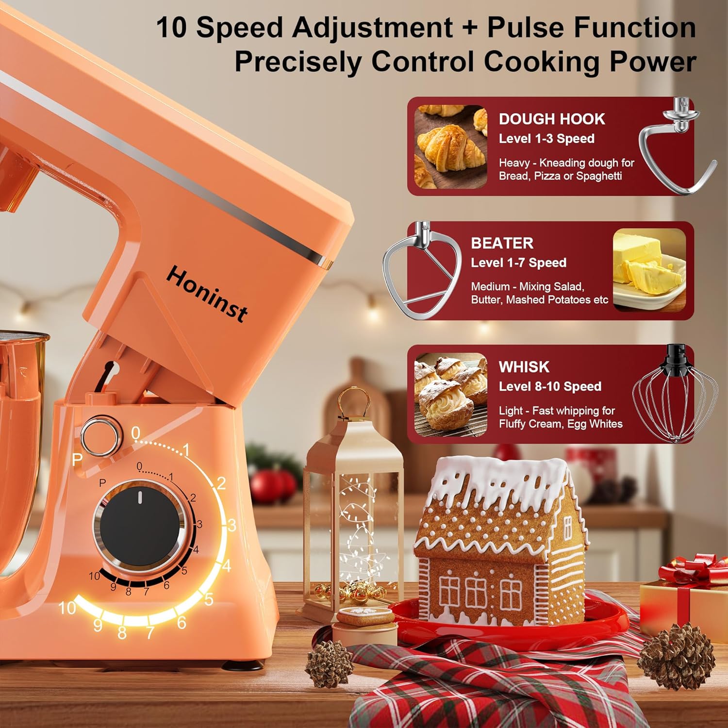 10-Speed Stand Mixer with 8-in-1 Splash Guard, Tilt-Head, 6QT Stainless Steel Bowl+Dishwasher-Safe Dough Hook/Whisk/Beater/Spatula for Baking Bread, Cakes, Cookies, Orange