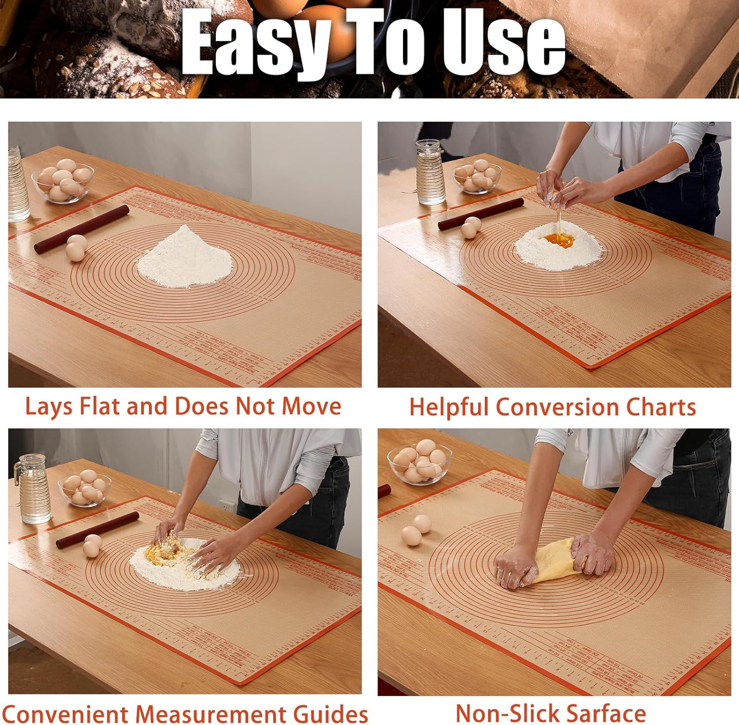 Silicone Pastry Mat 36x24 Inch Nonstick Baking Mat Perfect for Dough, Pastry Board, Dough Rolling, Kneading Board, Pie Crust, Fondant, Pasta/Pizza, Kitchen Counter Mat