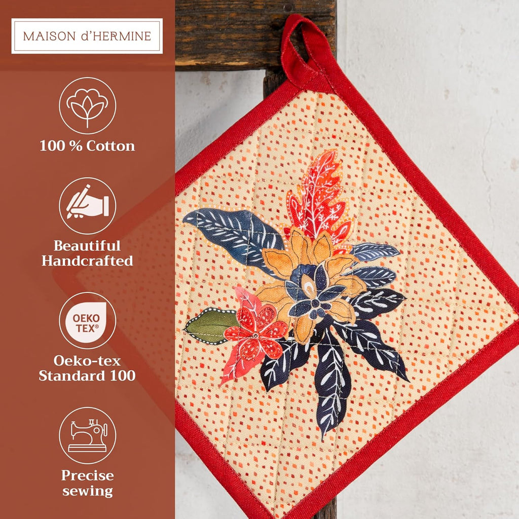 Maison d' Hermine Pot Holders 100% Cotton Heat Resistant Potholders 8" x 8" Hot Pads with Loop BBQ, Cooking, Baking, Grilling, Kitchen, Handling Hot Pans (Pack of 1, Kalahari)