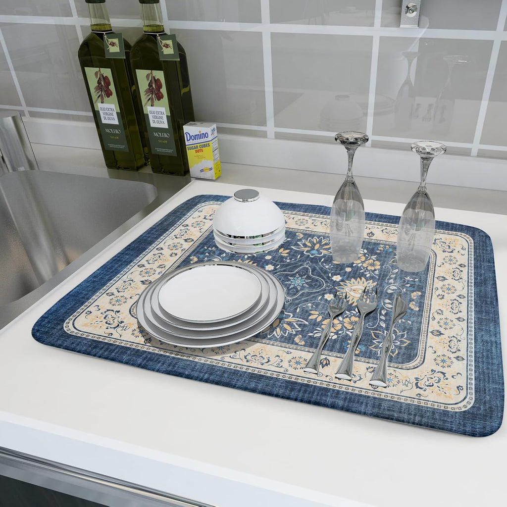 Blue Boho Dish Drying Mat for Kitchen Counter 18x24 Inch Fast Dry Drying Pad Vintage Floral Dish Drainer Rack Mats Coffee Bar Accessories