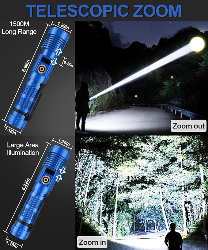 Rechargeable Flashlight High Lumens-12000LM Super Bright Magnetic Flash Light with Power Digital Display,3280Ft Long Range,Dimmable,Waterproof,Pocket Tactical LED Flashlights for Emergency, Blue, 1PC