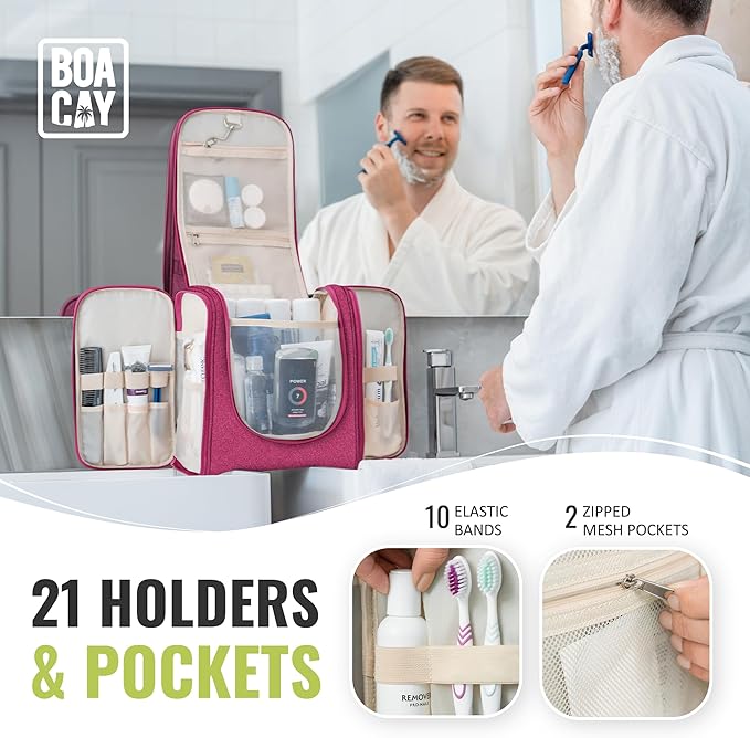 BOACAY Extra Large Hanging Travel Toiletry Bag for Women and Men, Makeup Bag, Bathroom & Shower Organizer Kit for Accessories, Cosmetics, Essentials