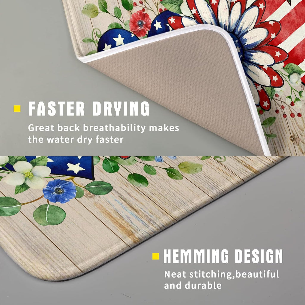 Independence Day Dish Drying Mat 16x18 inch Patriotic Love Heart Fast Dry Microfiber Dishes Drainer Rack Pad Kitchen Counter Accessories