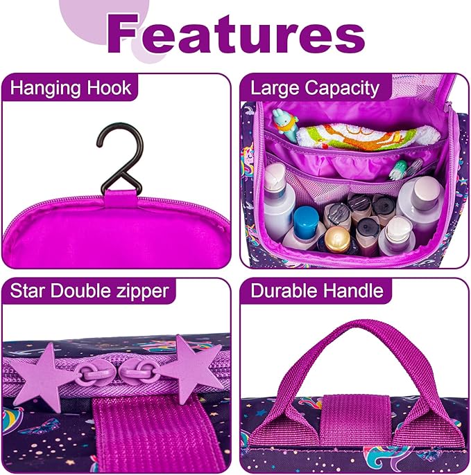 Cute Cartoon Hanging Kids Toiletry Bag Children Travel Cosmetic Makeup Organizer Wash Bag Shower bag Over Night Bag Camping Shaving Kit Bag for Boys & Girls(Unicorn)