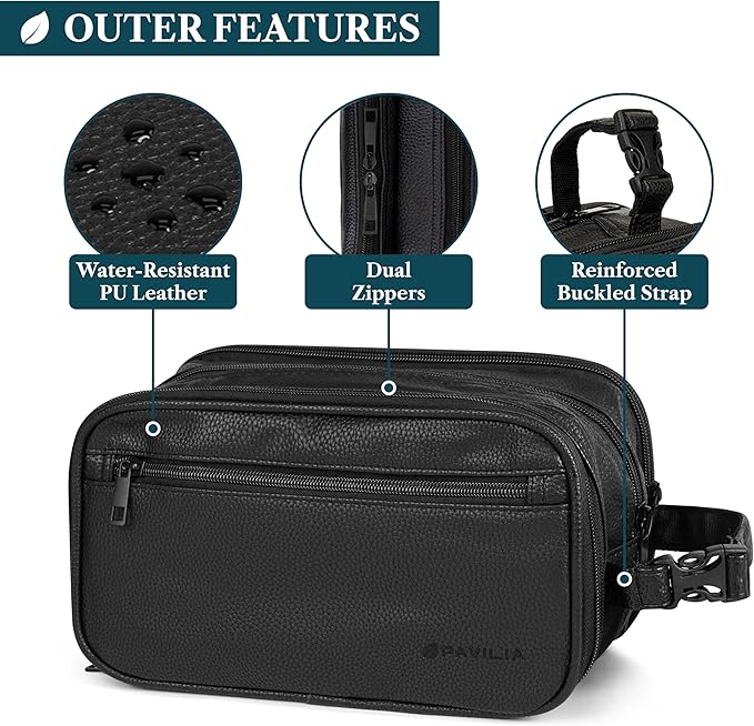 PAVILIA Toiletry Bag for Men, Travel Toiletries Bag | Water-resistant Dopp Kit, PU Leather Shaving Pouch Organizer for Accessories, Cosmetic, Hygiene, Grooming Essentials (Black)