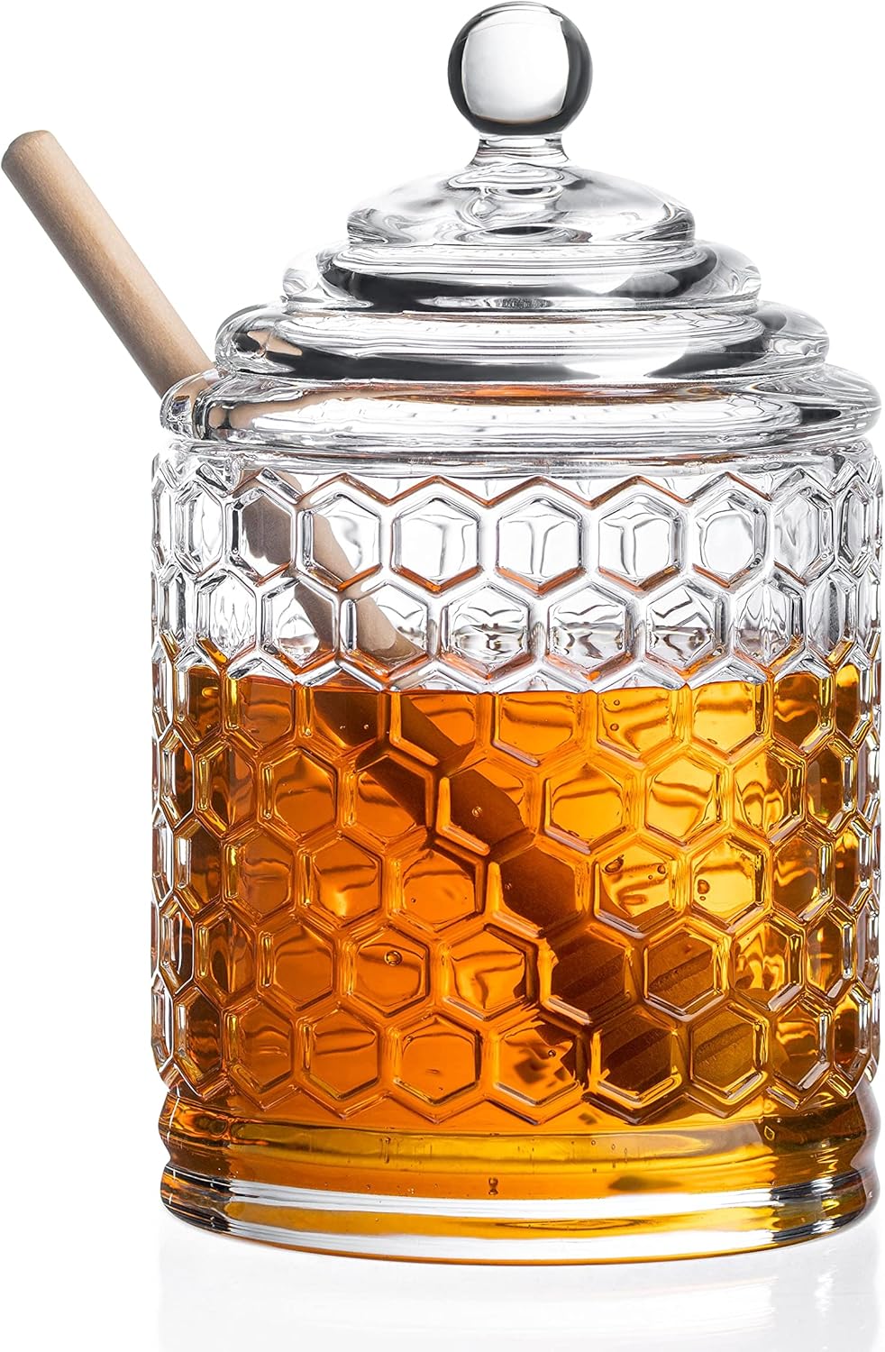 Royalty Art Glass Honey Pot with Beehive Lid and Wooden Dipper, 3 Pc. Set, Decorative Kitchen Accessory and Dispenser, Honeycomb Glassware, Reusable and Washable