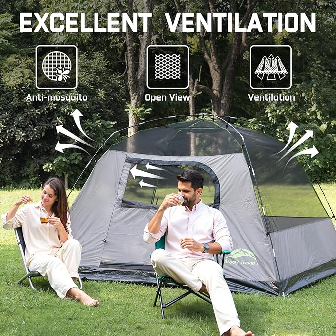 Happy Travel Camping Tent, 4 Person Dome Tents for Camping with Rainfly, Waterproof Clip Easy Setup Portable Family Tent with Mesh Windows, 20% More Headroom Backpacking Tents for Camping & Hiking