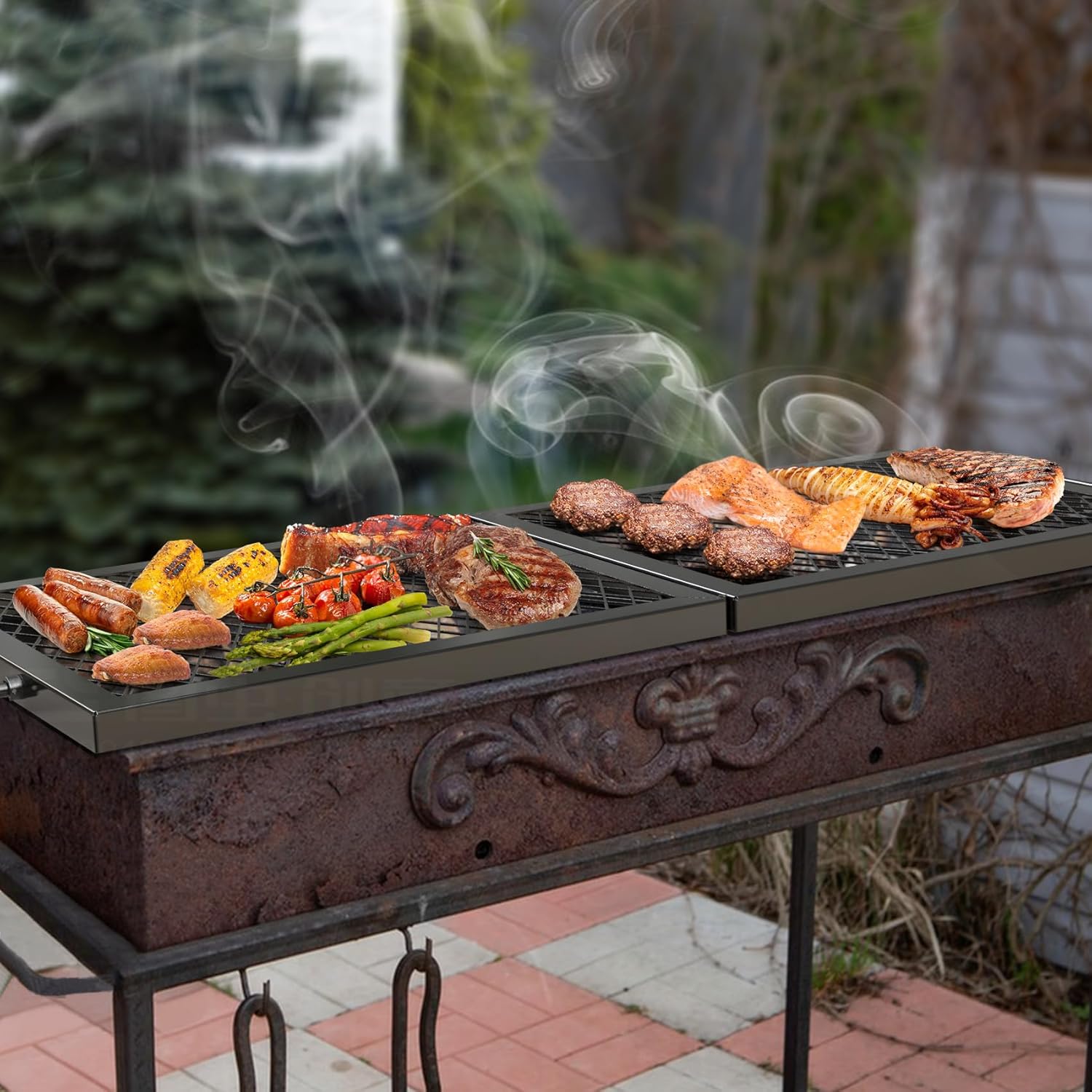 Onlyfire Foldable X-Marks Fire Pit Cooking Grate, Portable Rectangle Campfire Grill Grate with Handles, Heavy Duty Steel Campfire BBQ Grill for Outdoor, 36 inch