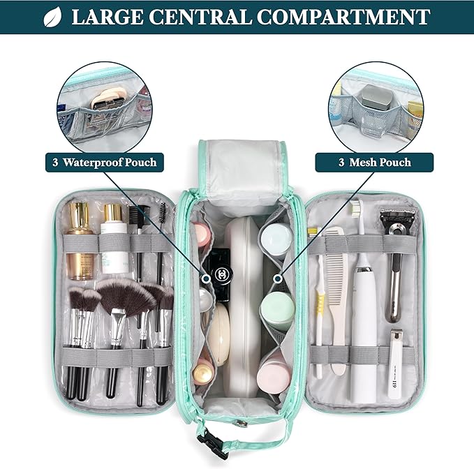 PAVILIA Large Toiletry Bag for Men Women, Mens Travel Bag Toiletries Organizer Case for Grooming, Travel Essentials Shaving Dopp Kit, PU Leather Water Resistant Cosmetic Pouch, Teal Chevron