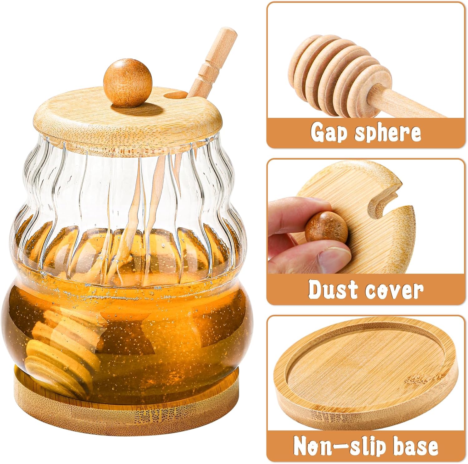 Glass Honey Pot Honey Jar witn Dipper and Wooden Lid, Honey Dispenser for Home,Tea Shops,Cafes, Restaurants (1)
