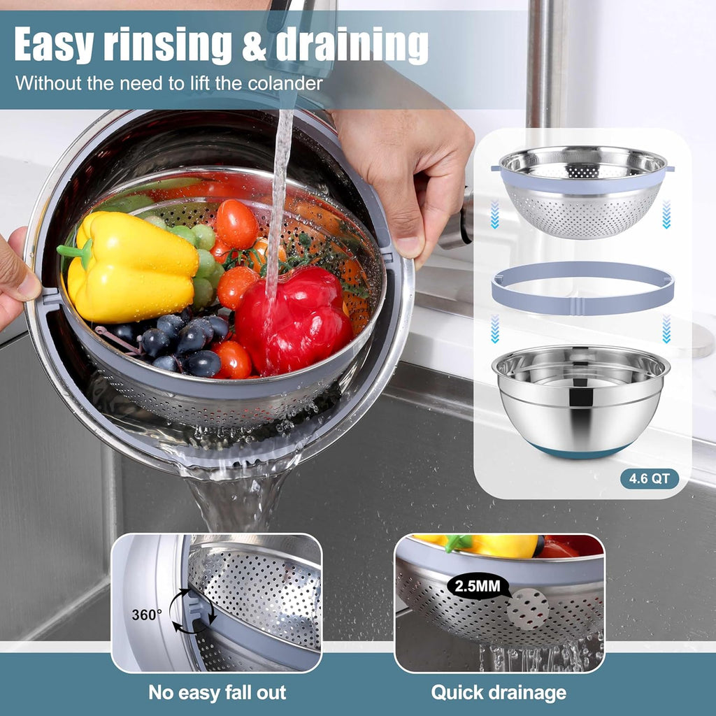 E-far Mixing Bowls with Lids Set, 15PCS Stainless Steel Mixing Nesting Bowls with Colander and 3 Metal Graters for Kitchen, Non-Slip Bottom & Airtight Transparent Lid, 4.6, 3, 1.5, 1, 0.7QT, Blue