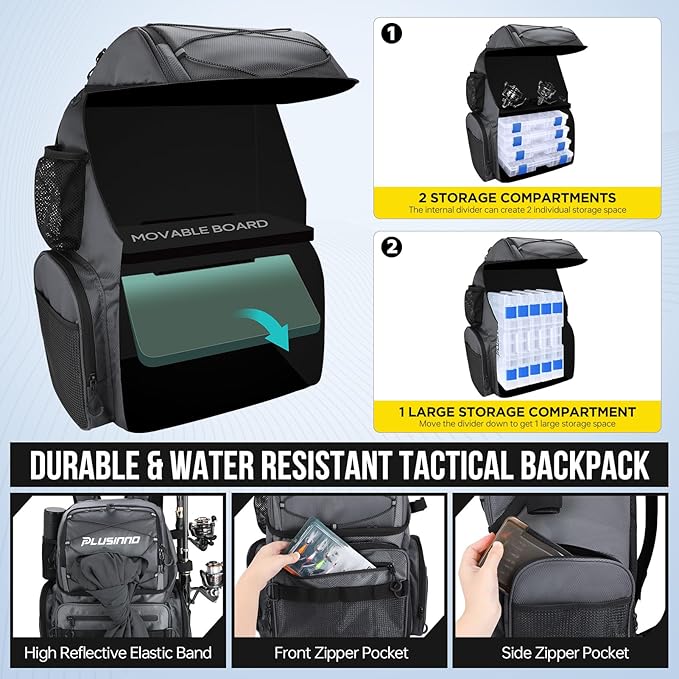 PLUSINNO Cooler Fishing Backpack with Rod Holders 45L Large Water-resistant Fishing Tackle bag Store Fishing Gear Fishing Gifts for Men Father