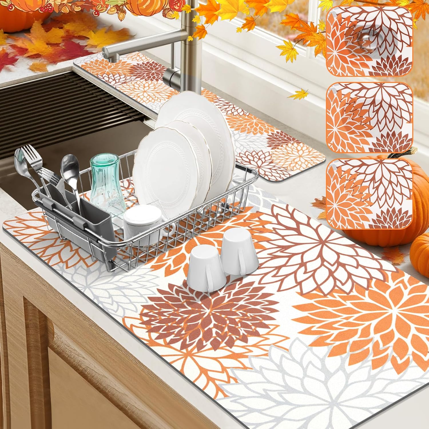 Findosom 2PCS 17" x 32" Dish Drying Mat & 24" x 5.5" Sink Splash Guard, Super Absorbent & Cuttable Dish Mat Drying Kitchen Mat with Orange Floral, Hide Stain Drying Mat for Kitchen Counter