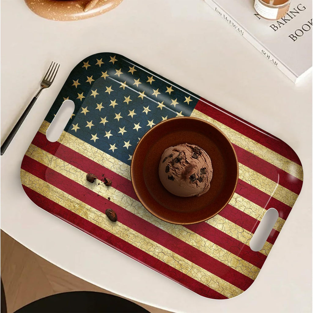 Serving Trays with Handles, 14.5 x 9.8 inch Rectangular Plastic Tray for Restaurant, Kitchen, Vintage United States of America Flag