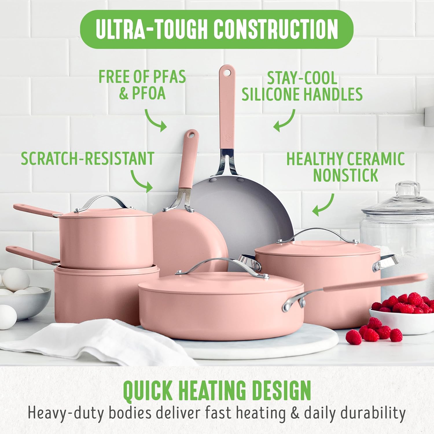 GreenLife 10-Piece Nonstick Ceramic Cookware Set, Lightweight Healthy PFAS-Free Pots & Pans with Lids, Dishwasher & Oven Safe, Durable Body, Silicone Stay-Cool Handles, Easy Release, Pink
