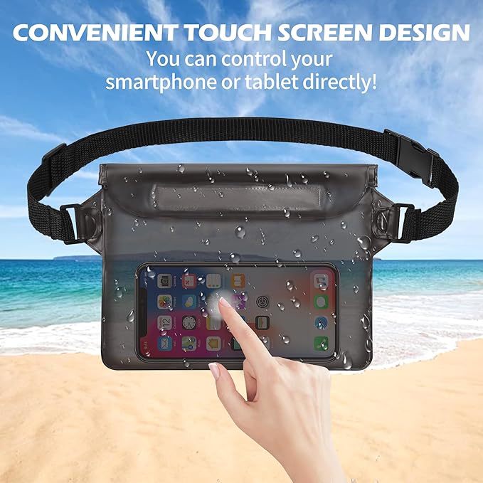 2-Pack Waterproof Pouch with Adjustable Waist Strap, Waterproof Dry Bag, Keeps Cell Phones and Valuables Safe and Dry, Perfect for Kayaking, Beach, Camping and Swimming (Black)