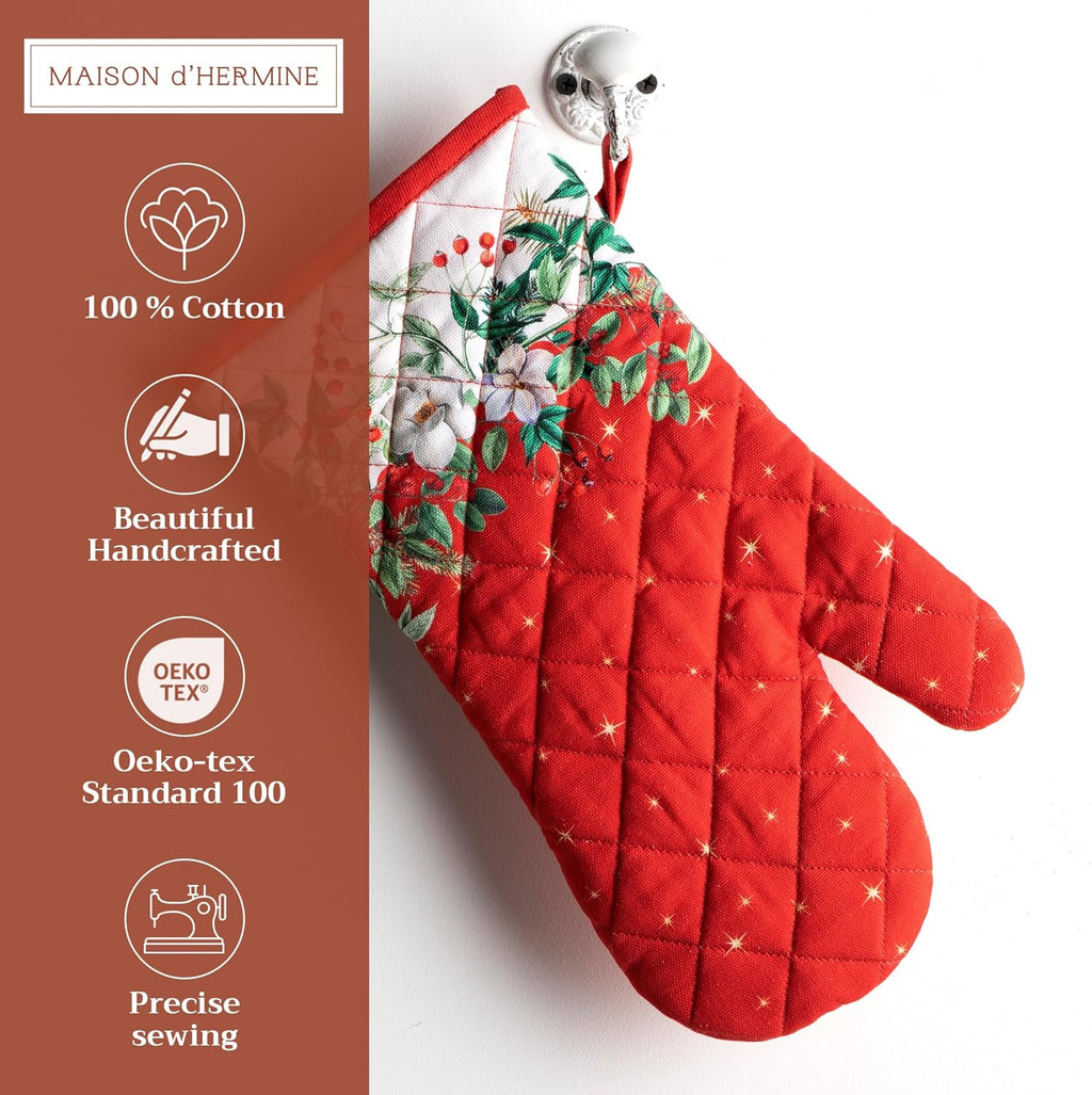 Maison d' Hermine Oven Gloves 100% Cotton Oven Mitt 7" x 13" with Loop Heat Resistant, BBQ, Cooking Gloves, Baking, Grilling, Kitchen, Handling Hot Pans (Pack of 1, Noel)
