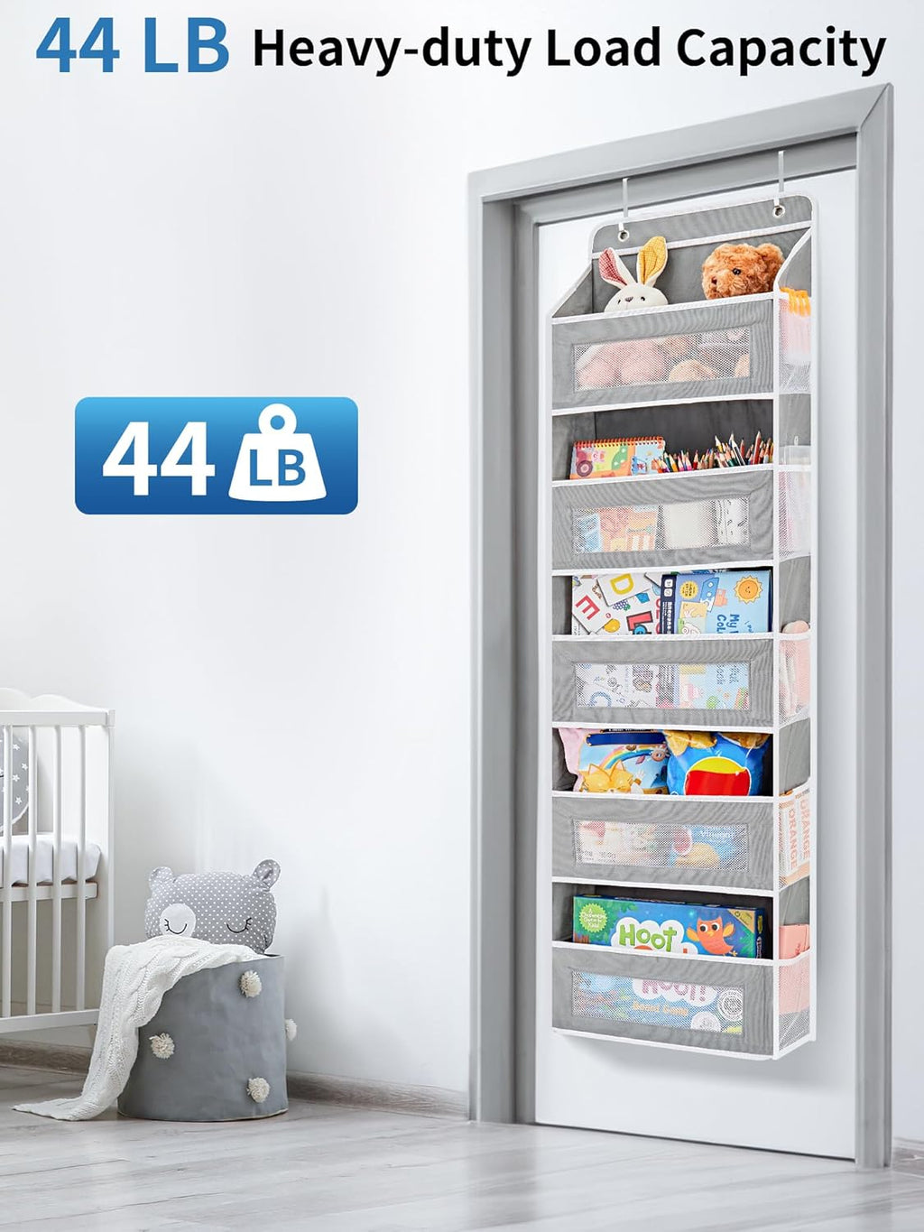 JARLINK Over The Door Organizer Storage, 5 Shelf Hanging Door Organizer with 5 Large Capacity Pockets, Anti Tilt 44 lb Load Behind Door Storage for Bedroom, Bathroom, Pantry, Nursery, (Grey)