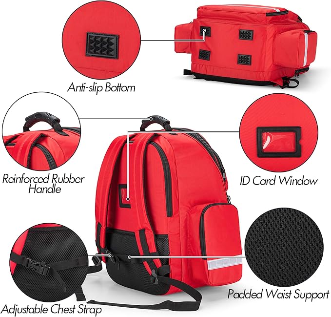 Trunab First Responder Bag Trauma Backpack Empty, Medical Emergency Kits Storage Jump Bag Pack for EMT, EMS, Police, Firefighters, Safety Officers - Patented Design Red