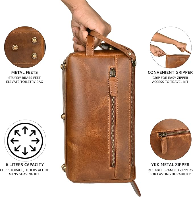 LEATHER VILLAGE Premium Leather Travel Toiletry Bag - Unisex Water-Resistant Travel Dopp Kit, Shaving & Cosmetic Organizer for Men & Women - Compact Bathroom Essentials - Camel Brown