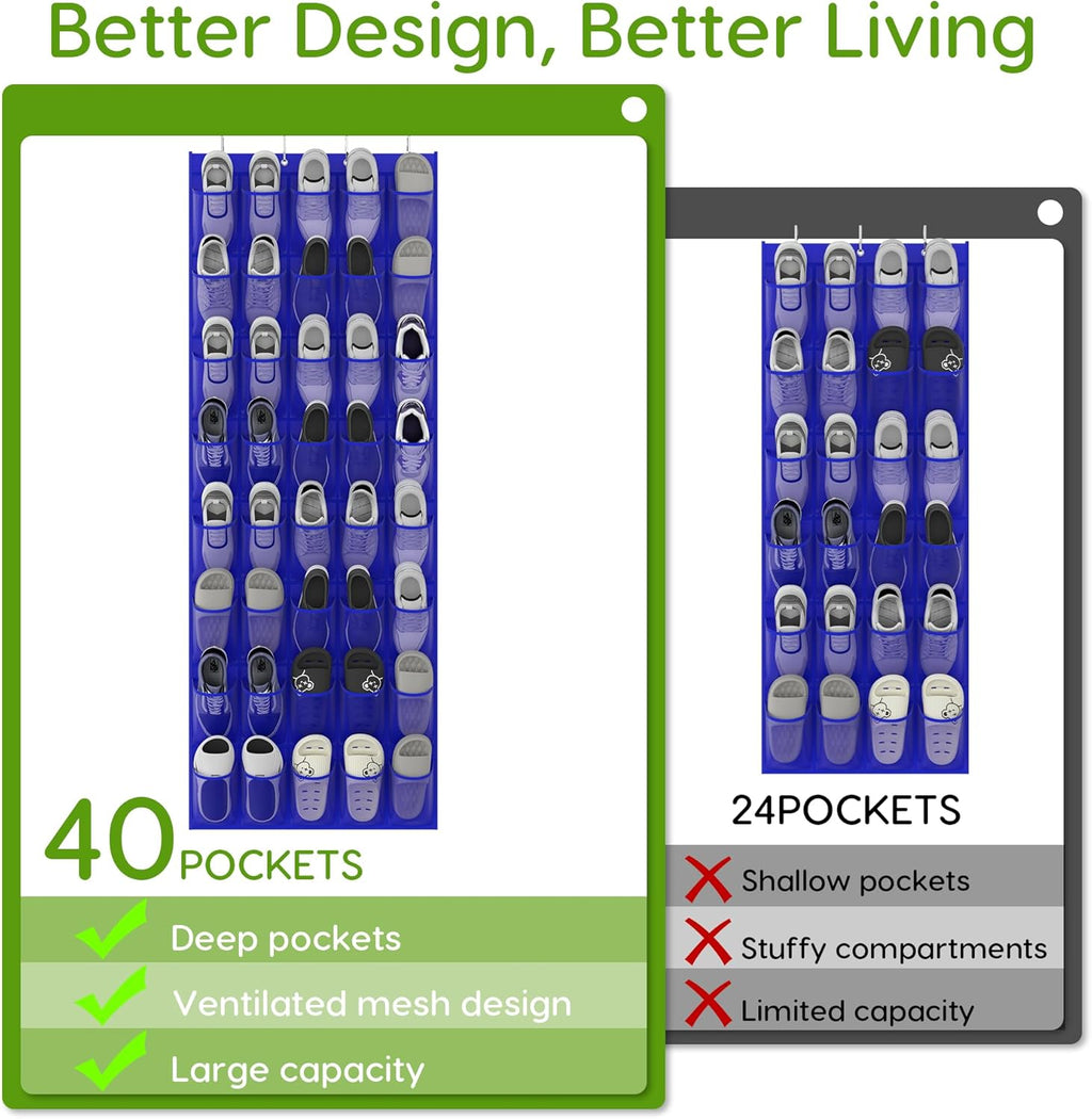 Unjumbly Over the Door Shoe Organizer with 40 Large Breathable Mesh Pockets, Space Saving Shoe Holder, Hanging Shoe Rack for Entryway Bedroom Closet Storage (Navy Blue, 40 Pockets)