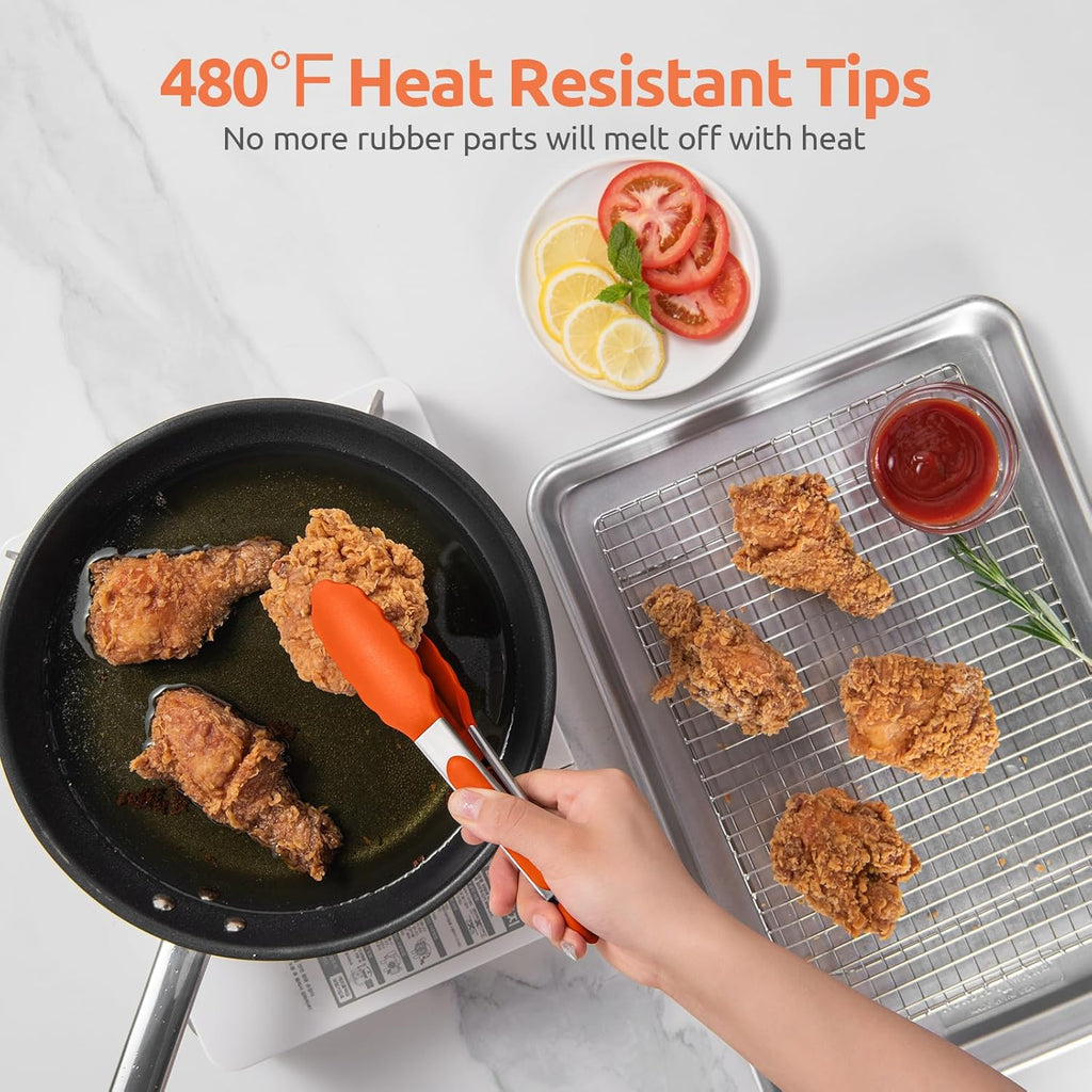 480ºF Heat Resistant Kitchen Tong: U-Taste 7 inch Silicone Cooking Tong with Firm Sealed Non Stick Rubber Tips & Silicon Coated 18/8 Stainless Steel Handle & Smooth Locking for Serving Salad (Orange)