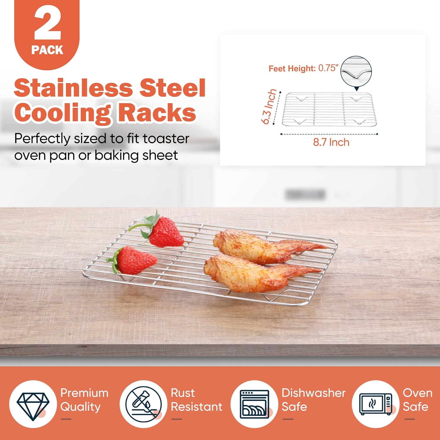 2 Pack Cooling Rack for Baking, Homikit 8.7 * 6.3 Inch Small Stainless Steel Metal Roasting Grilling Cooking Racks, Fits Small Toaster Oven, Dishwasher Safe, Heavy duty & Rust Resistant