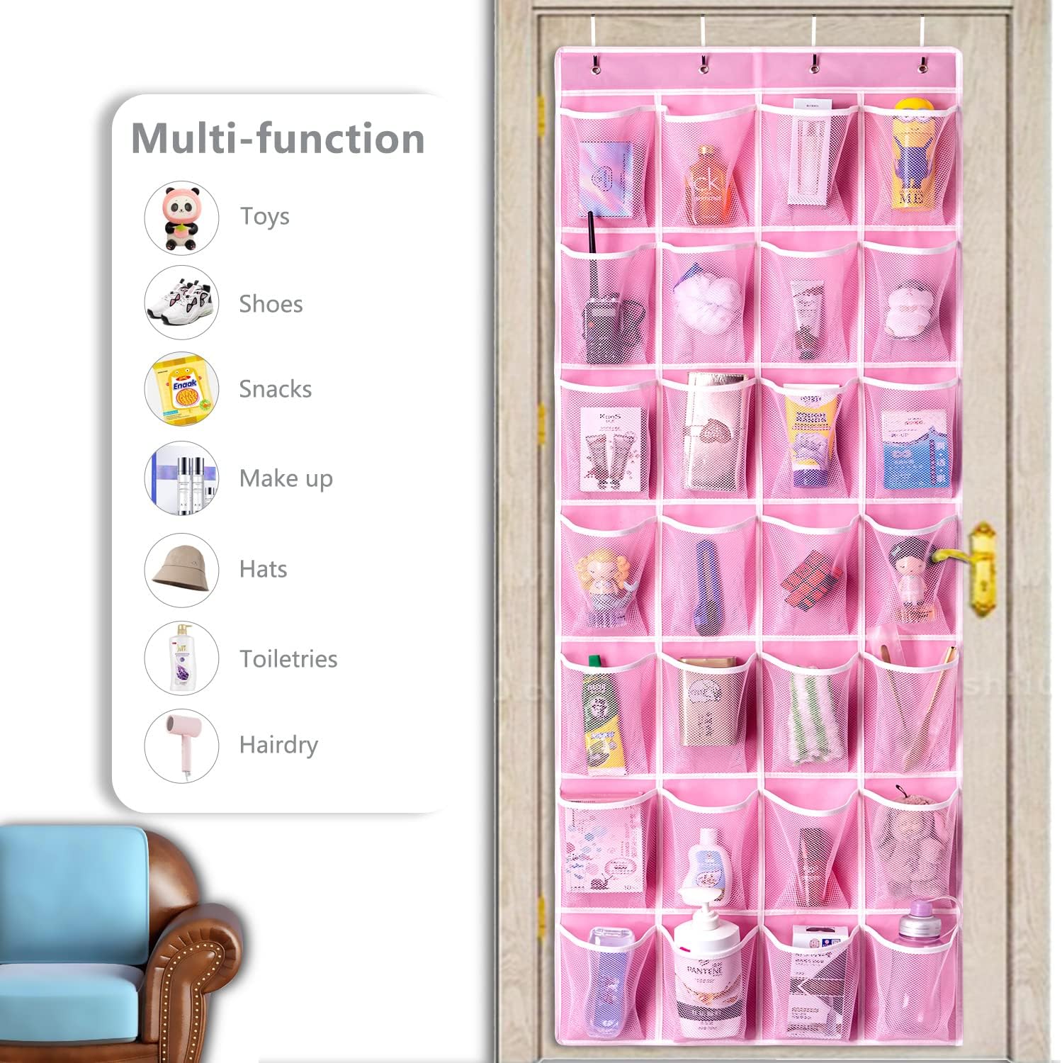 KEEPJOY 28 Pocket Over The Door Shoe Organizer, 2Pack Hanging Shoe Organizer for Door, Hanging Door Shoe Holder Rack with Mesh Pockets Large Size 65 x 23 inch (Pink-2Pack)