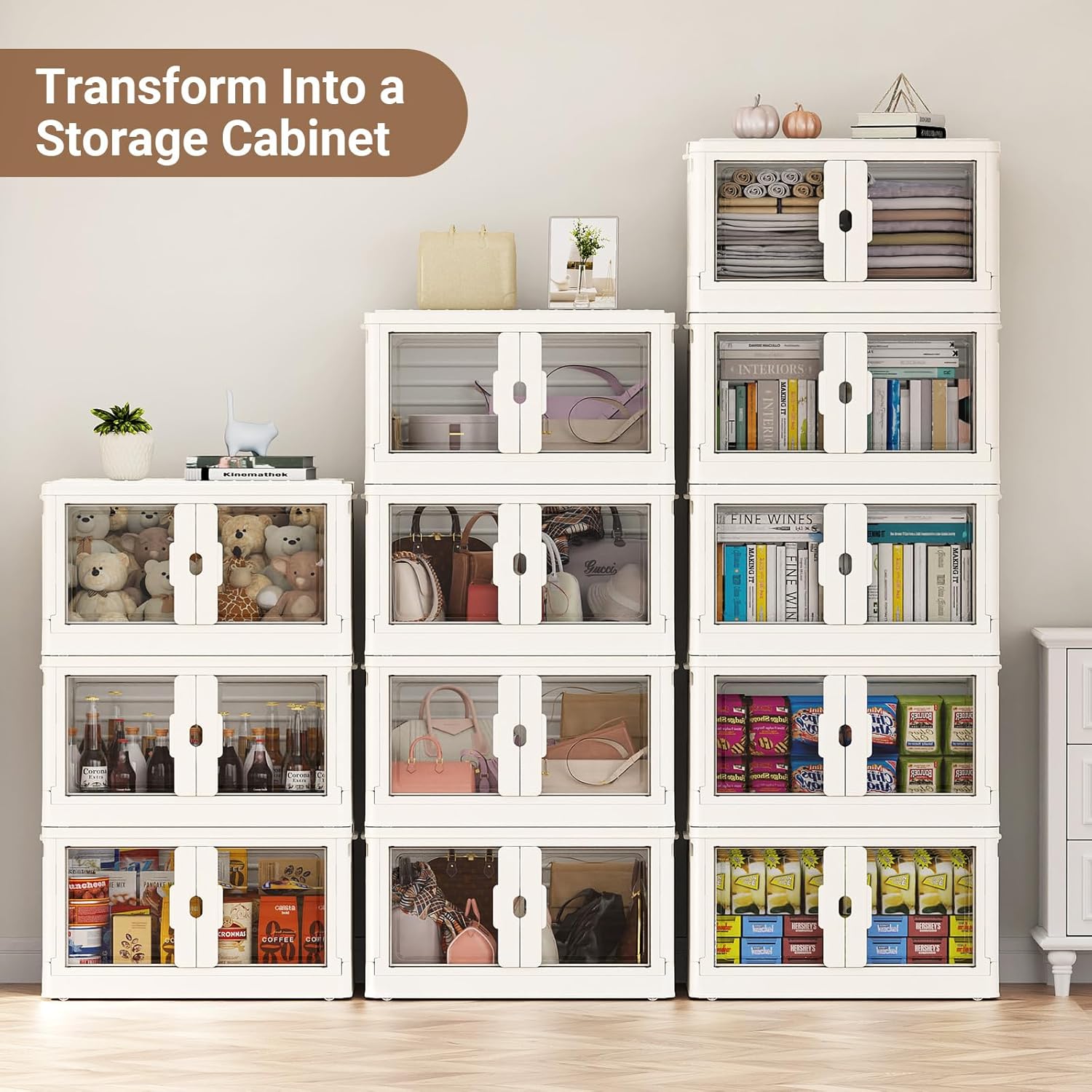 115Qt Stackable Storage Bins with Individual Lids & Wheels, Large Plastic Collapsible Latching Boxes Closet Organizers and Storage Cabinet Shelves Units for Home Kitchen Dorm, 1-Pack White