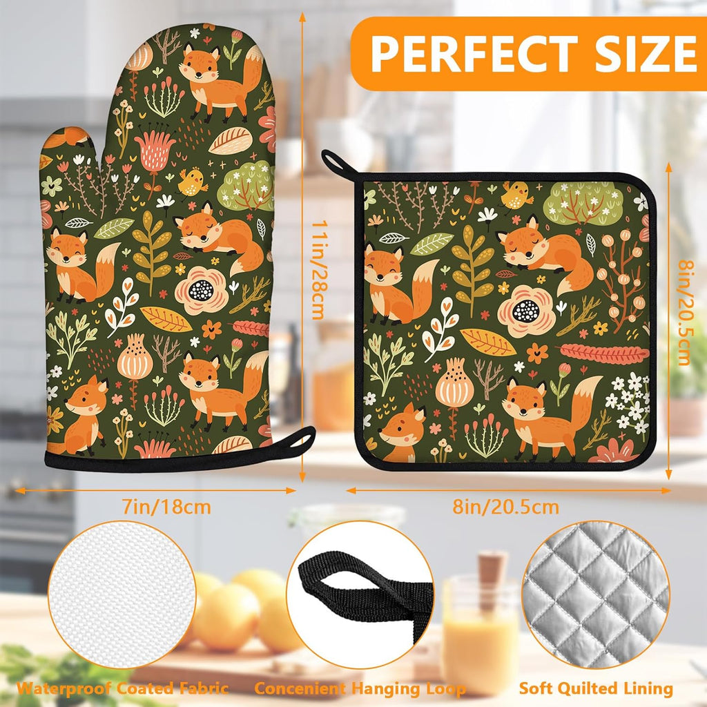 Fox Oven Mitts and Pot Holders Sets 4Pcs,Extra Long Oven Gloves Potholder for Kitchen Cooking Baking BBQ 100% Cotton Heat Resistant