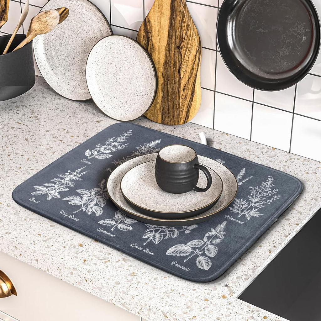 Flower Herbs Dish Drying Mat Wild Plant Dish Rack Mat with Hanging Loop Fast Dry Dish Drainer Pad for Kitchen Counter Sink 16x18 Inch