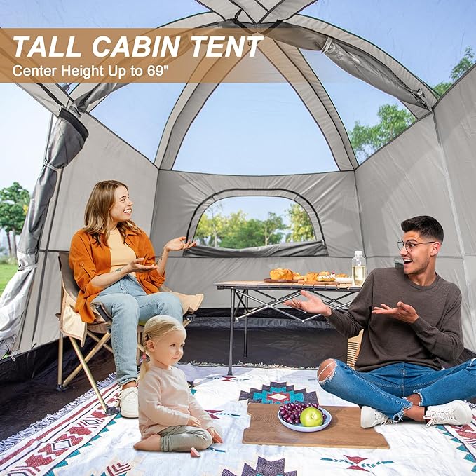 4-6 Person Camping Tent, Large Family Cabin Tents with Porch & Rainfly, Double Layer Waterproof Glamping Tent with 2 Rooms 2 Doors, Portable Big Tents for Outdoor Camping Hiking Party