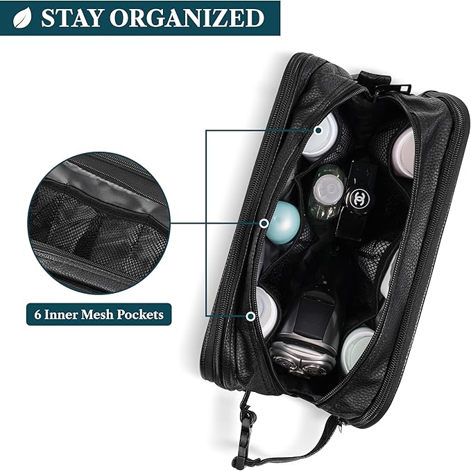 PAVILIA Toiletry Bag for Men, Travel Toiletries Bag | Water-resistant Dopp Kit, PU Leather Shaving Pouch Organizer for Accessories, Cosmetic, Hygiene, Grooming Essentials (Black)