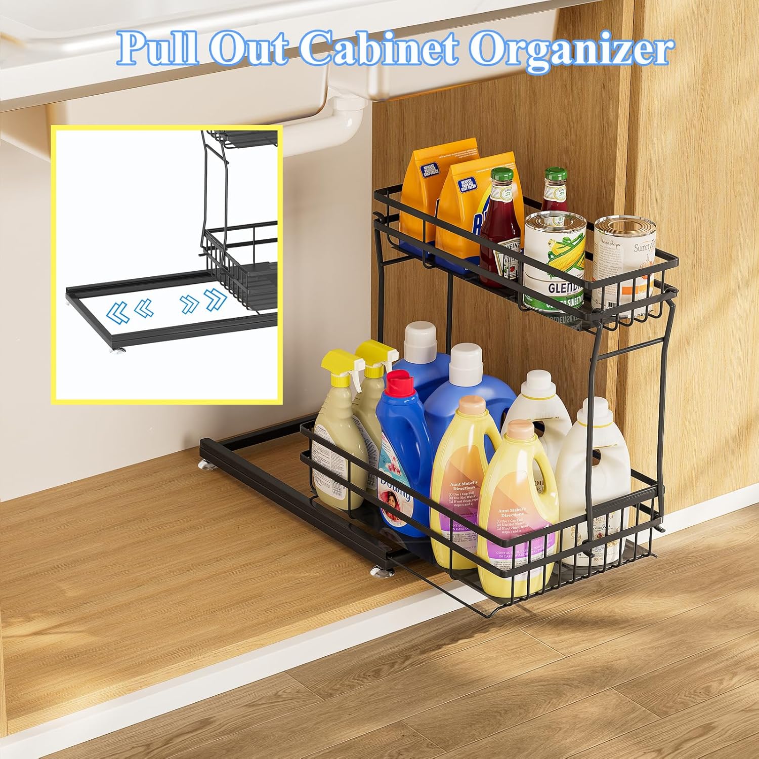 1 Pack Under Sink Organizers and Storage, 2 Tier Pull Out Cabinet Organizer, Metal Sliding Drawer Storage for Kitchen Bathroom，Black