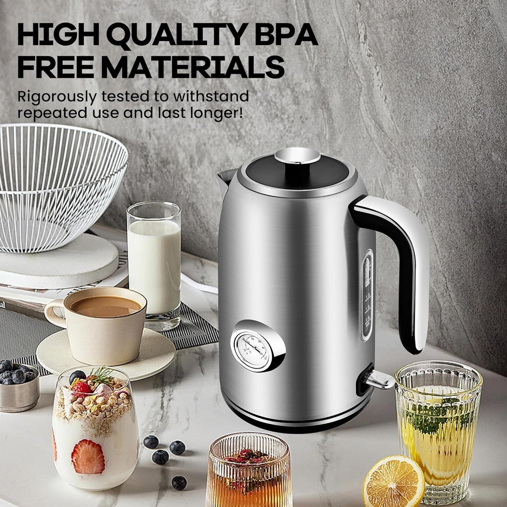 Pukomc Electric Kettle,1.7L Stainless Steel Electric tea kettle with Temperature Gauge, Fast Boiling, Auto Shut - off, BPA - Free, Boil - Dry Protection, (Silver)