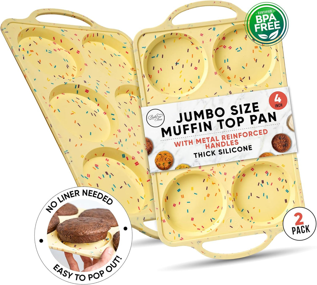 Jumbo Top Silicone Muffin Pans for Baking- 2 PACK Silicone Jumbo Muffin Pan 6 Cup -Baking Cupcake Pans, Make Perfect Muffin Top Pans Non Stick, Drop Cookies or Whoopie Pie Shells - CONFETTI
