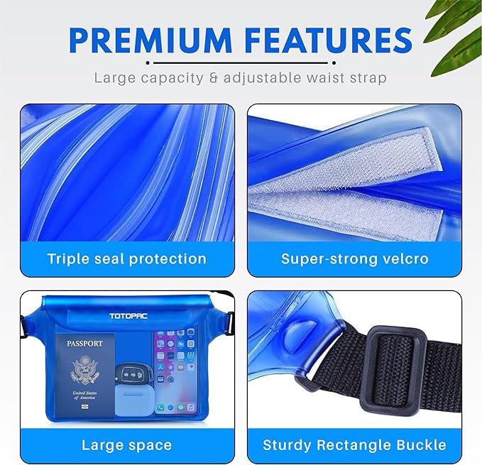 2-Pack Waterproof Fanny Pack, Phone Pouch with Waist Strap, 9x6.7 Inch Dry Bag for Phone, Cash, and Valuables – for Swimming, Kayaking, Boating, Snorkeling, and Water Sports (2, Grey + Blue)