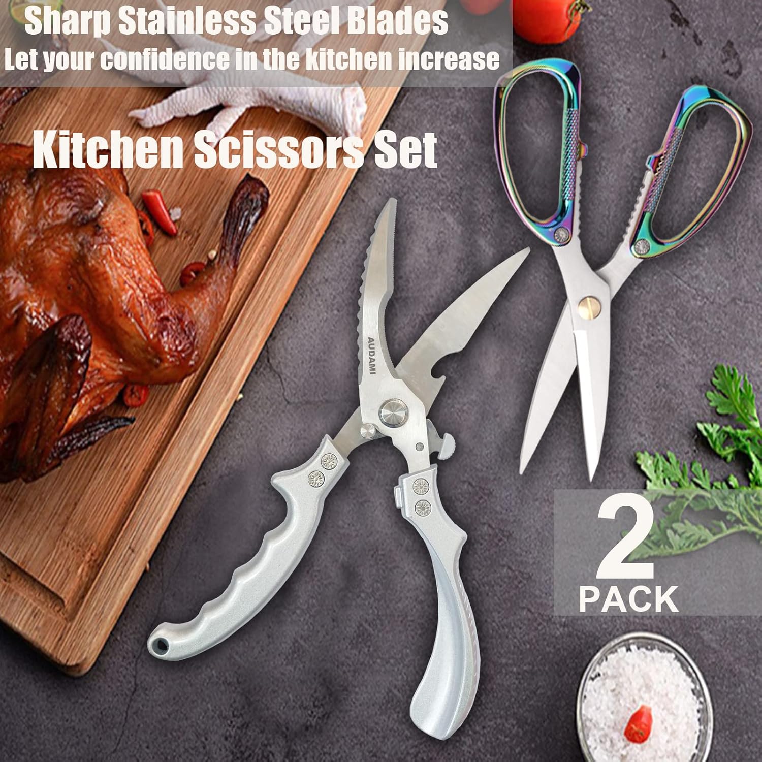 2-Piece Kitchen Shears Set, Heavy Duty Professional Poultry Meat Scissors,Multi-Purpose Stainless Steel, Dishwasher Safe